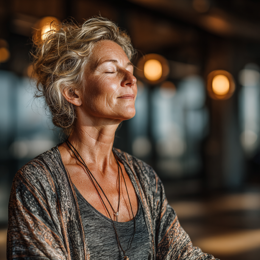 Anziani praticando yoga in giardino sereno